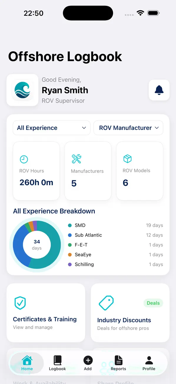 Offshore Logbook dashboard showing ROV hours, experience breakdown, certificates and training