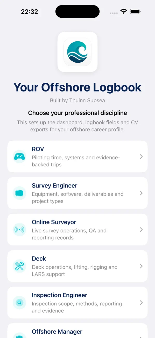 Offshore Logbook discipline selection screen, including ROV, Survey Engineer, Online Surveyor, Deck, Inspection Engineer and Offshore Manager