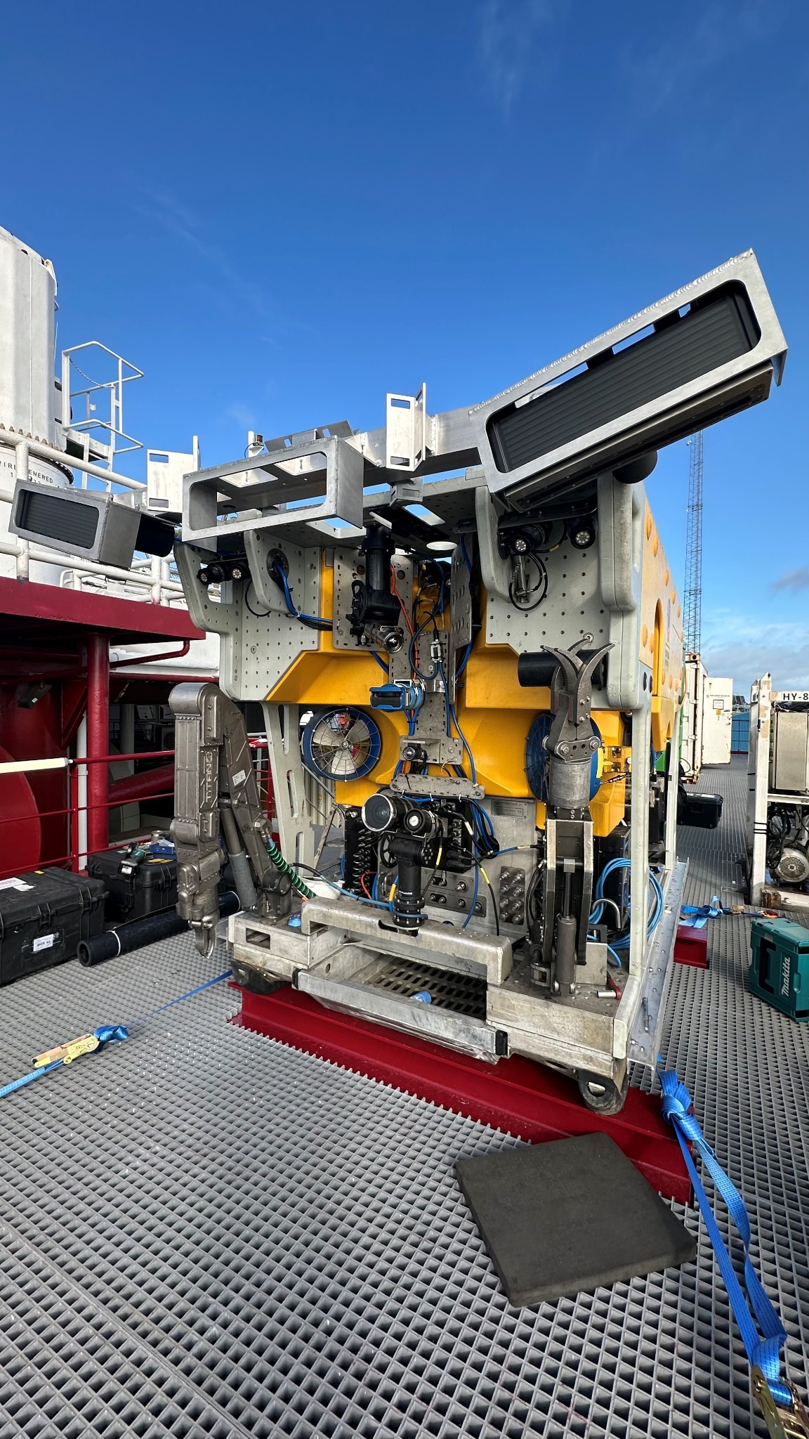 Work-class ROV on deck, showing its frame, tooling and components